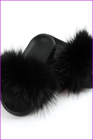 Black Faux Fake Big Fur Slides F152