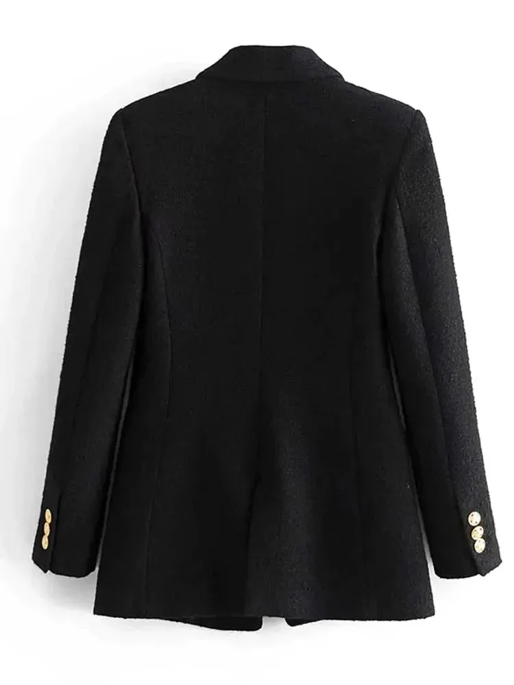 Blazer Women Autumn Suits Metal Double Breasted Woolen Blazers Coat