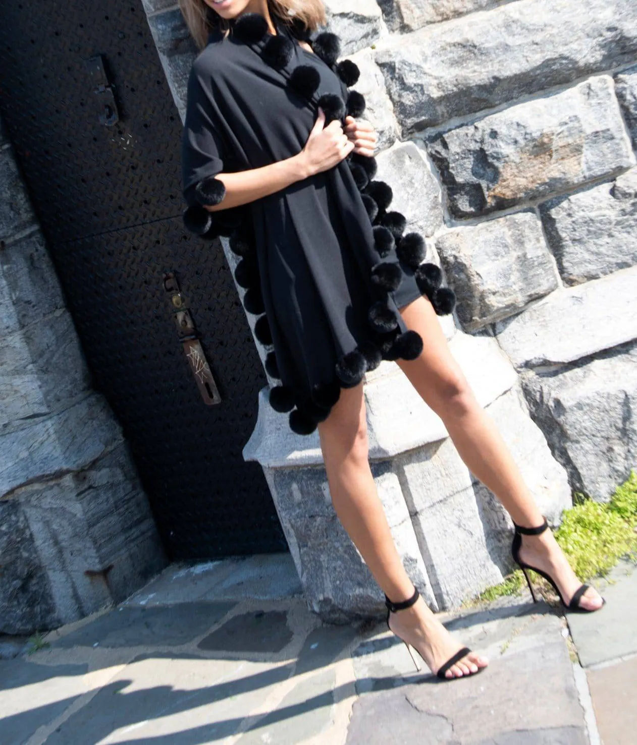 Faux Fur Poms Trim Wrap - Black
