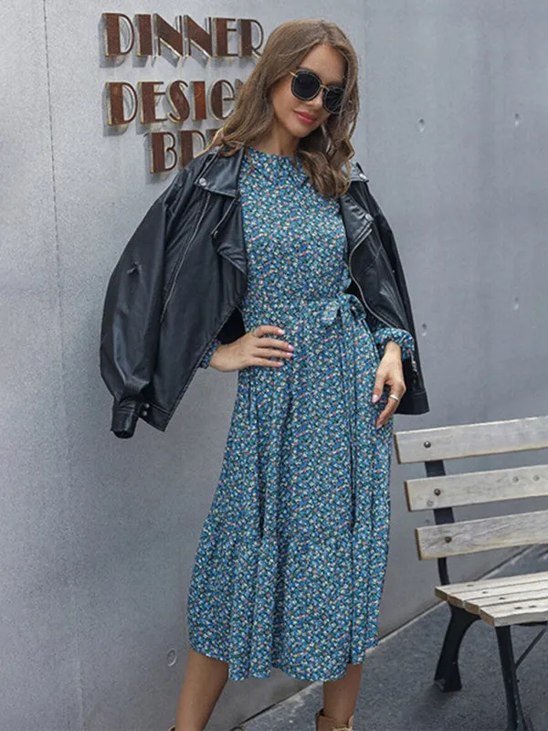Floral A-Line Midi Dress with Long Sleeves & Tie-Belt