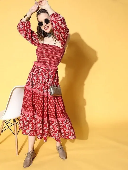 Floral Ethnic Pure Cotton Tiered Off Shoulder Midi Dress For Women