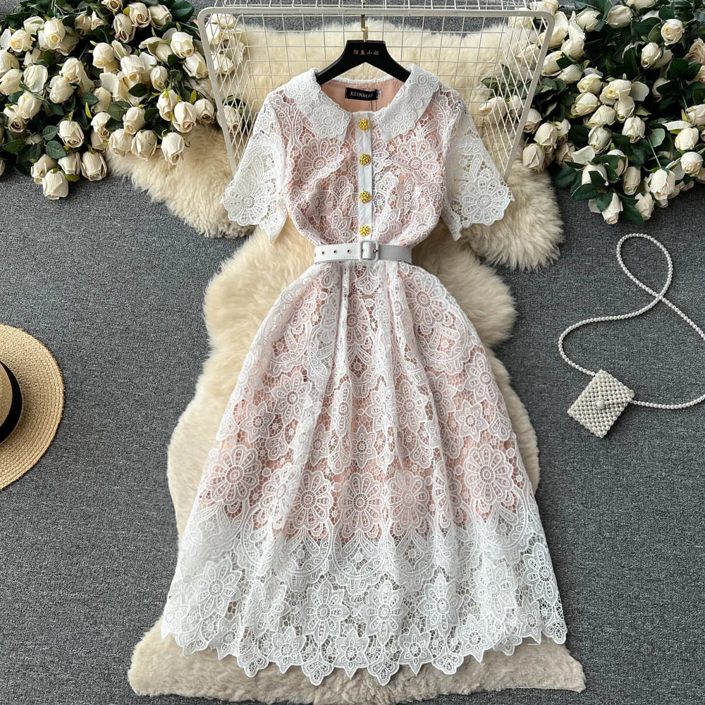 Hollowed Embroidery Doll Collar Lace Dress
