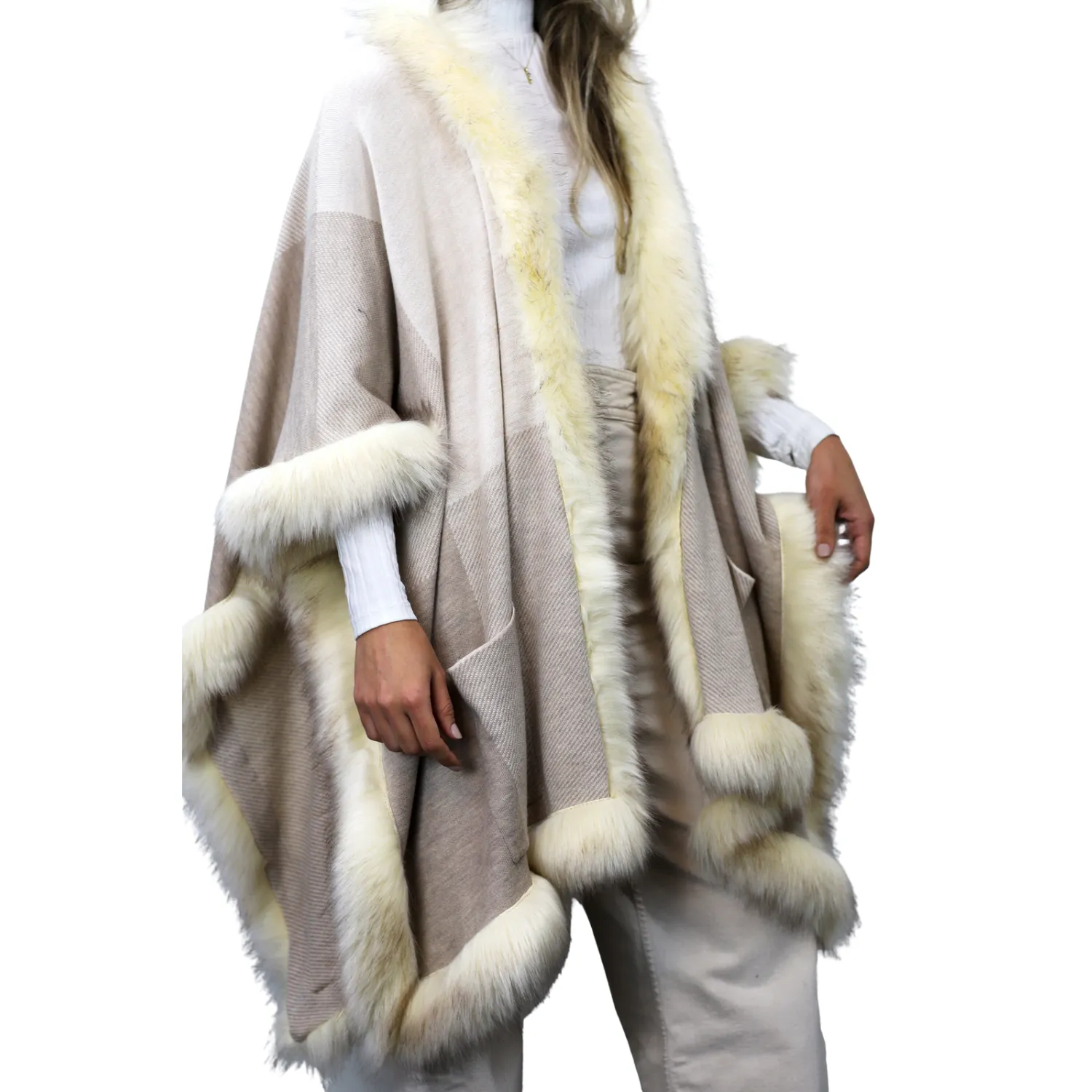 Knitted Wrap With Faux Trim-Beige